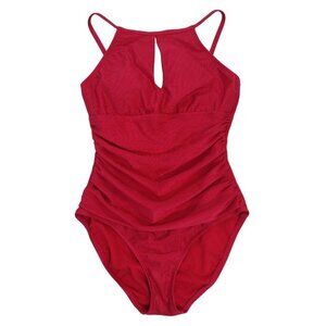 Ellen Tracy Women's Red Ribbed Ruched Front Cutout Swimsuit, Size 8.